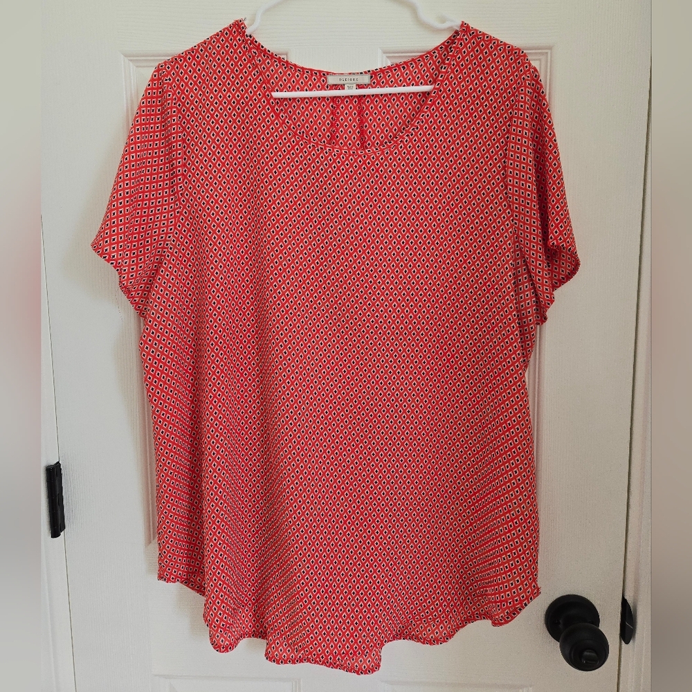 Pleione XL Red-Orange Diamond Print Geometric Top, Spring, Workwear